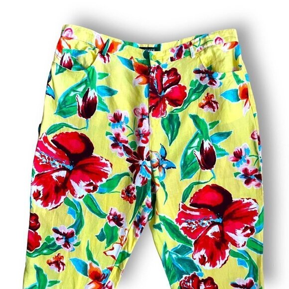 LAUREN Ralph Lauren Womens Linen Pants Plus Sz 18W Yellow Tropical Floral Ankle - Picture 3 of 7